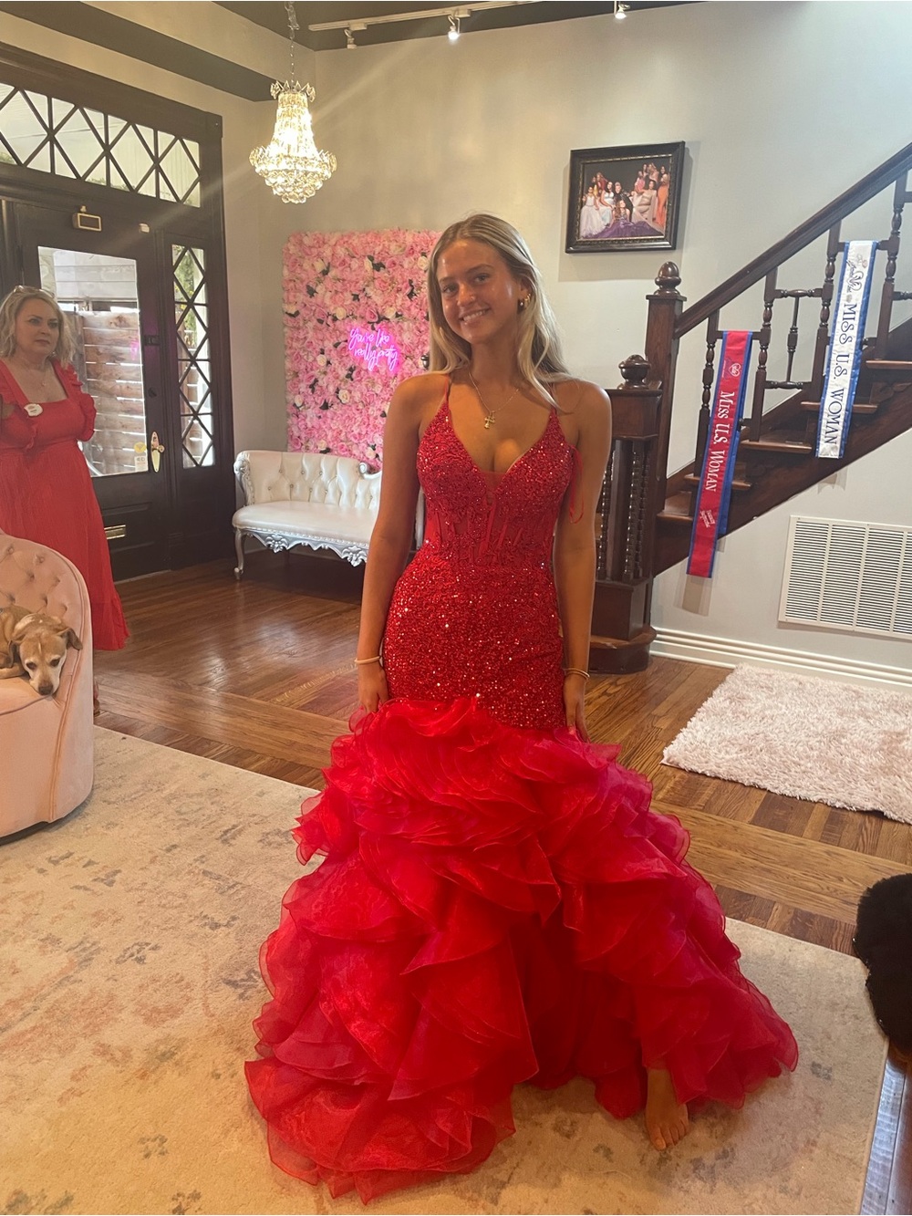 Red Beaded Ruffled Ball Gown Dress - Unknown Brand